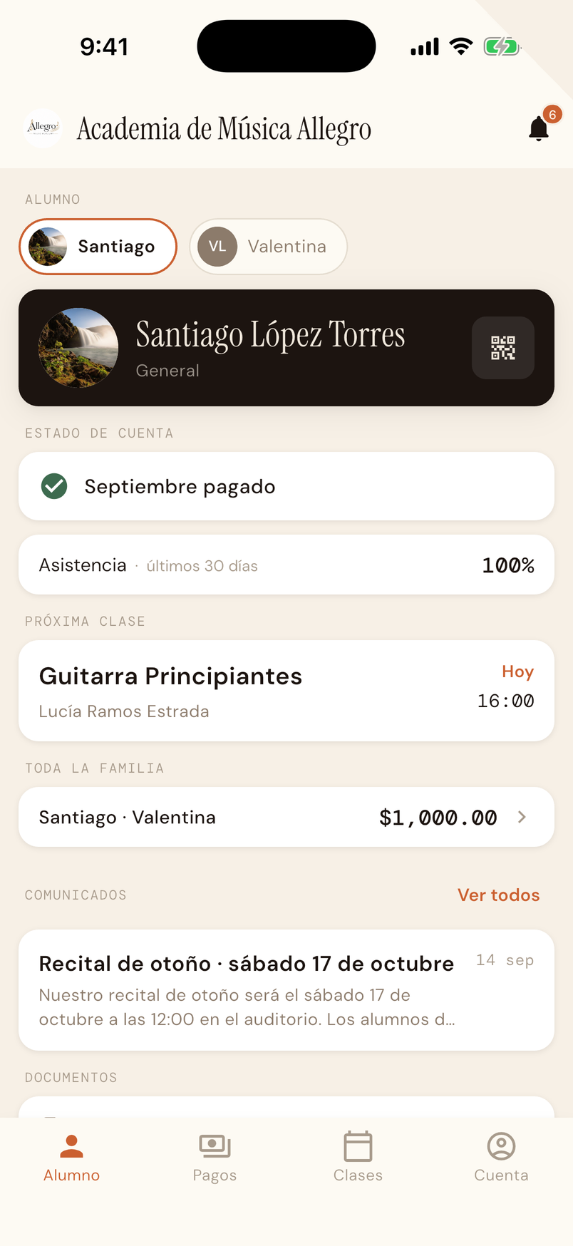Portada del alumno en la app móvil de Membrix con sus pagos y comunicados