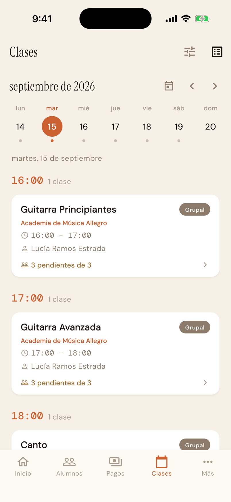 Clases y horarios de la semana en la app móvil de Membrix