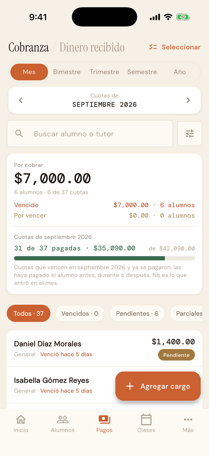 Pagos del mes en la app móvil de Membrix